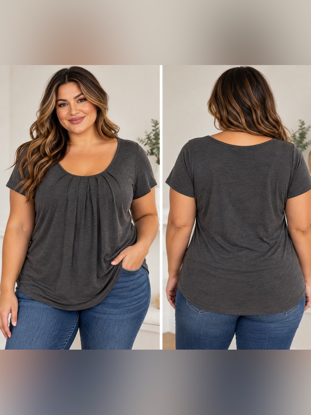Women’s Charcoal Pleat-Front Scoop Neck Tee
